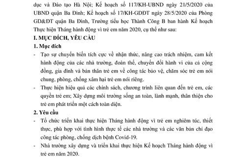 Kế hoạch thực hiện Tháng hành động vì trẻ em năm 2020 - Trường TH Thành Công B