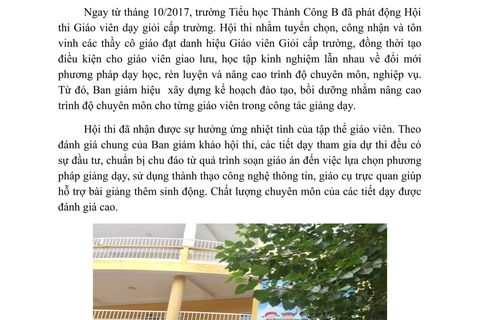 TRƯỜNG TIỂU HỌC THÀNH CÔNG B TỒ CHỨC THÀNH CÔNG HỘI THI GIÁO VIÊN DẠY GIỎI CẤP TRƯỜNG NĂM HỌC 2017 -2018