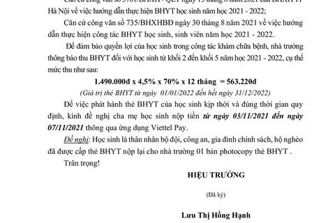 Thông báo về việc thu tiền Bảo hiểm y tế của học sinh lớp 2, 3 4, 5 năm học 2021-2022