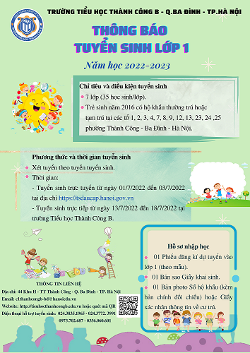 Thông báo Tuyển sinh lớp 1 năm học 2022 - 2023