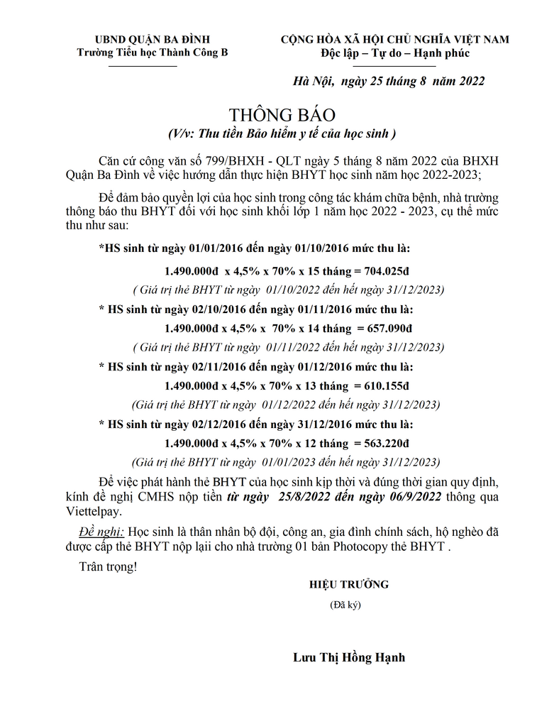 Thông báo thu tiền BHYT đối với học sinh khối lớp 1 năm học 2022 - 2023