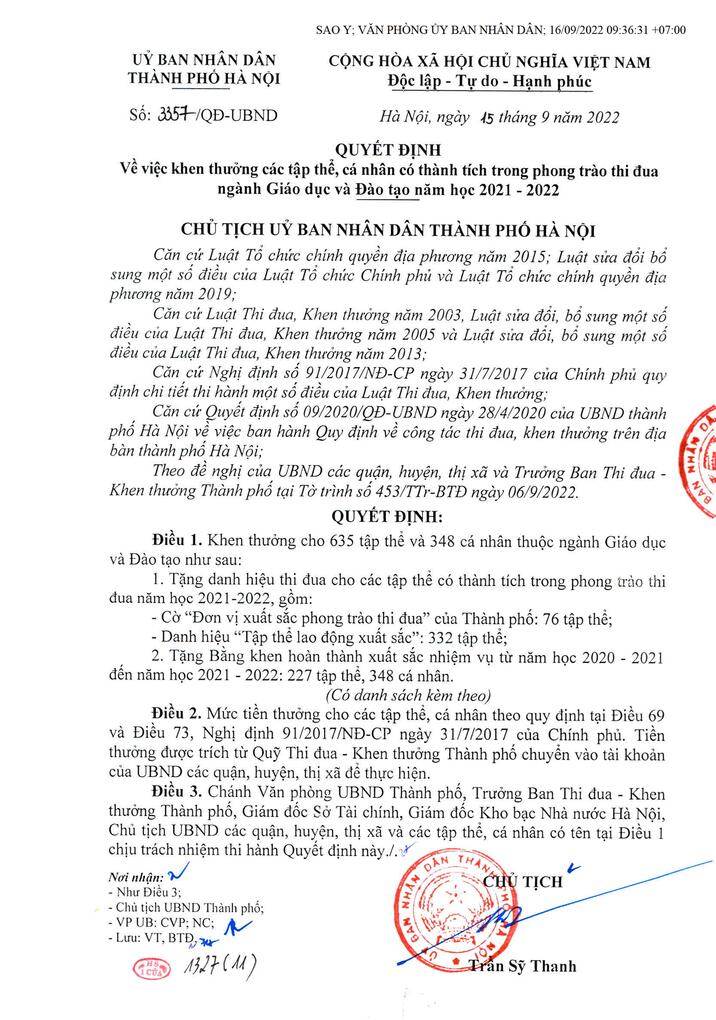 Trường TH Thành Công B vinh dự nhận Bằng khen của Chủ tịch UBND Thành phố