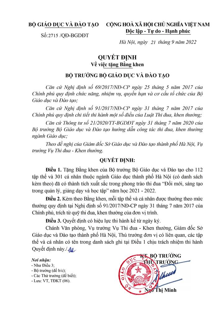 Trường Tiểu học Thành Công B vinh dự nhận Bằng khen của Bộ Giáo dục và Đào tạo