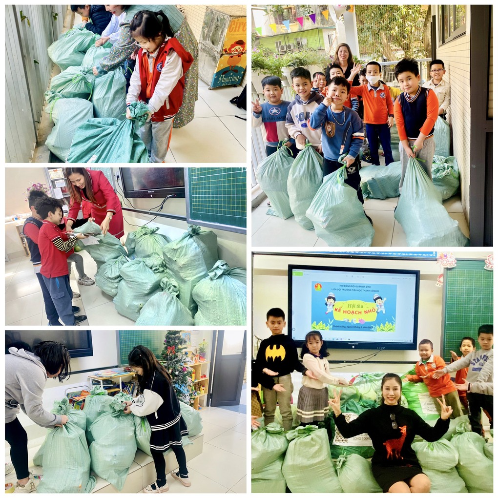 Học sinh trường Tiểu học Thành Công B nô nức thu gom giấy vụn để hưởng ứng phong trào Kế hoạch nhỏ.