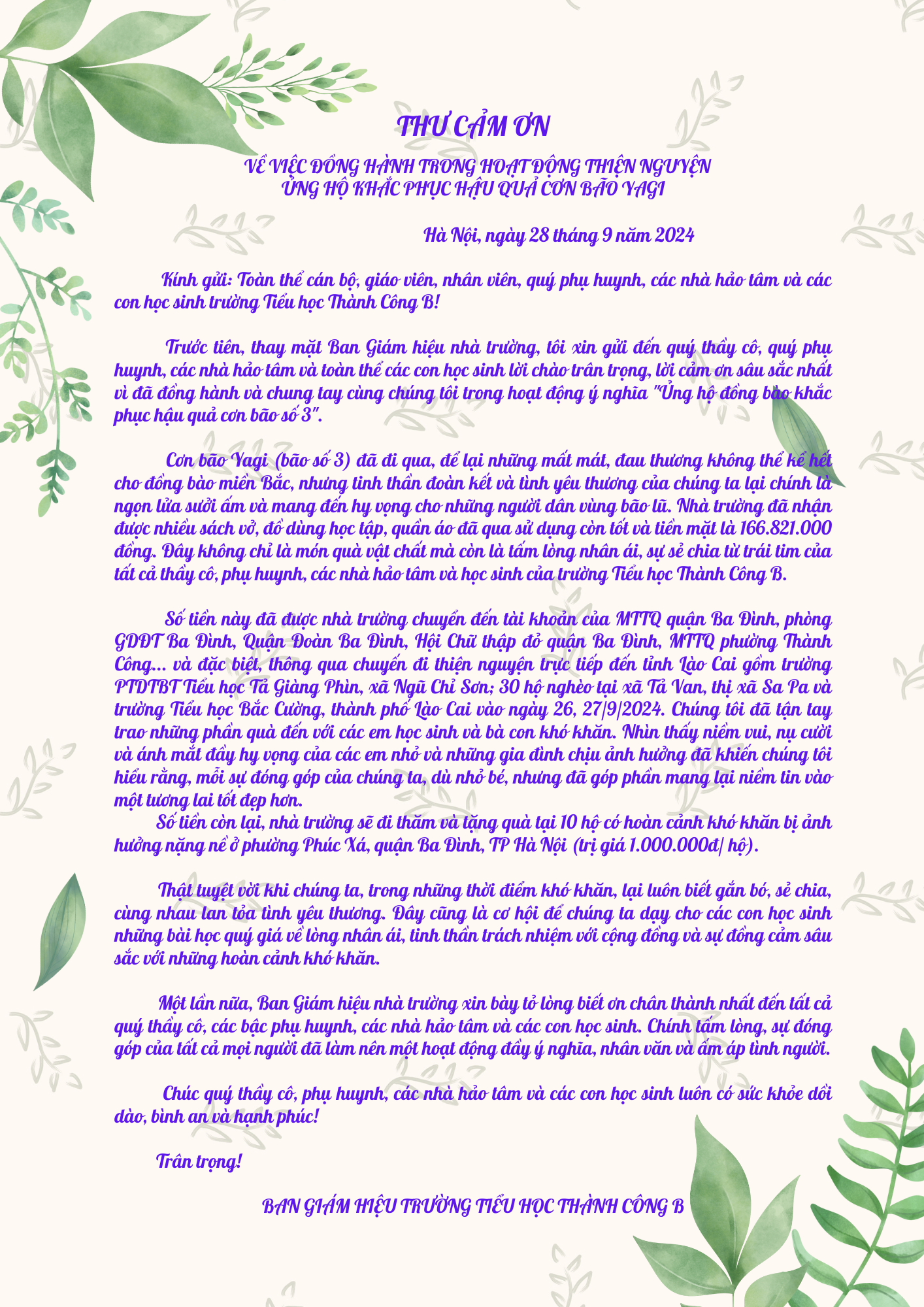 Thư cảm ơn về việc đồng hành trong hoạt động thiện nguyện ủng hộ khắc phục hậu quả cơn bão Yagi