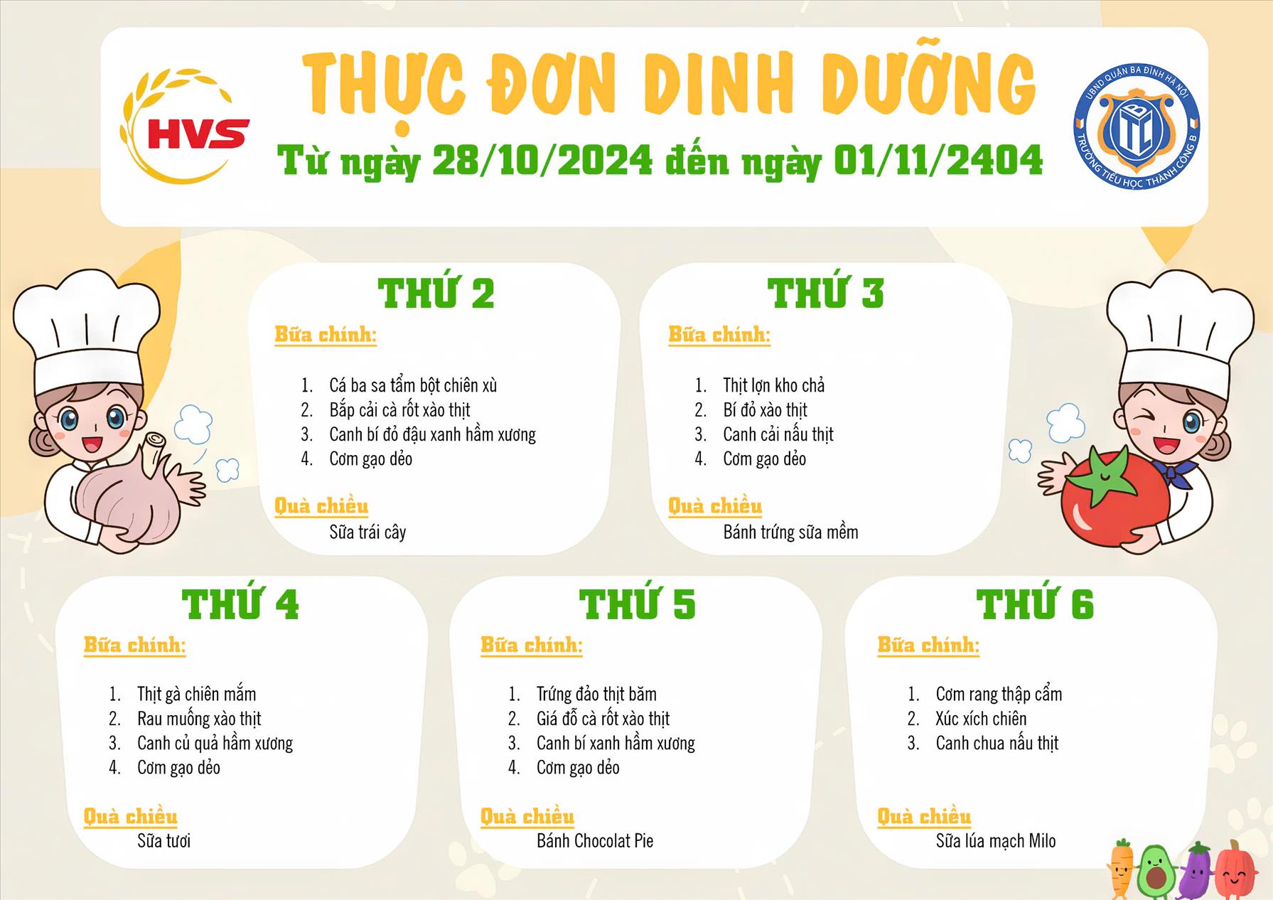 Thực đơn bán trú từ ngày 28/10 đến 1/11