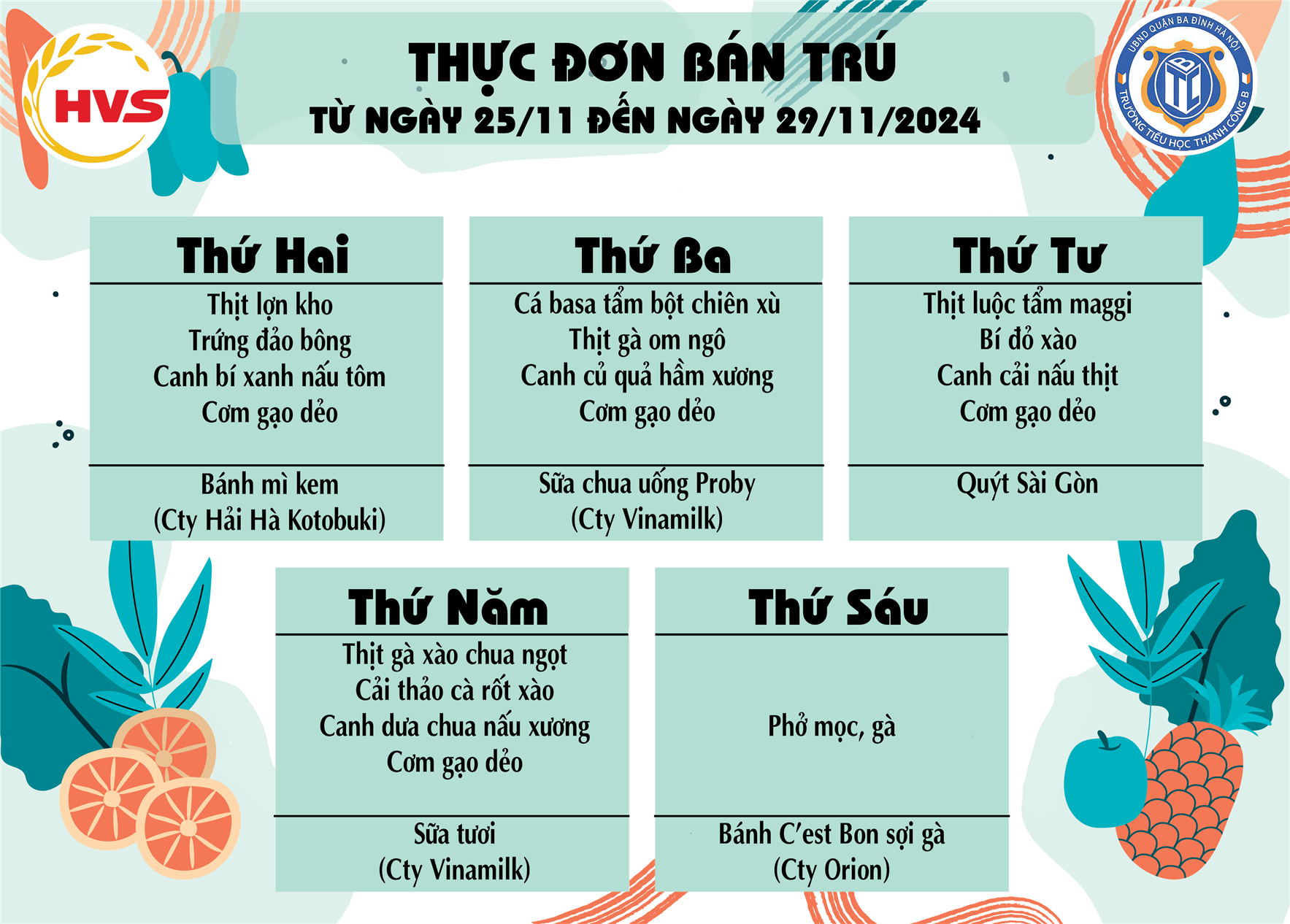 Thực đơn bán trú từ ngày 25/11 đến 29/11