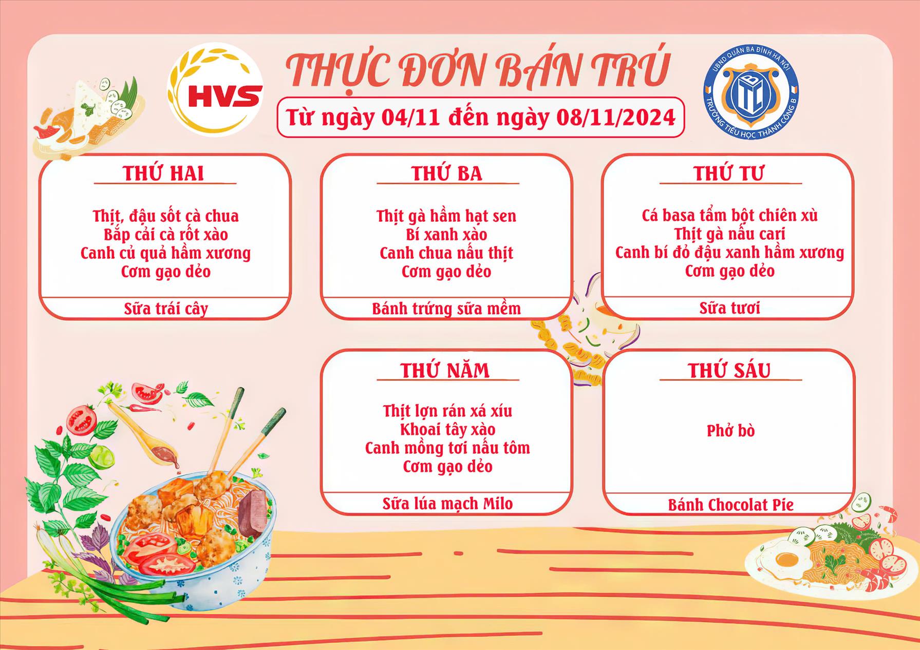 Thực đơn bán trú từ ngày 4/11 đến ngày 8/11