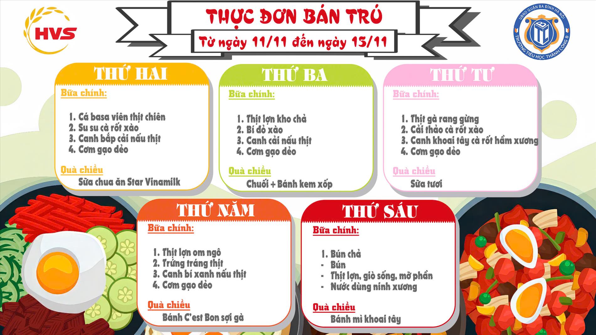 Thực đơn bán trú từ ngày 11/11 đến ngày 15/11