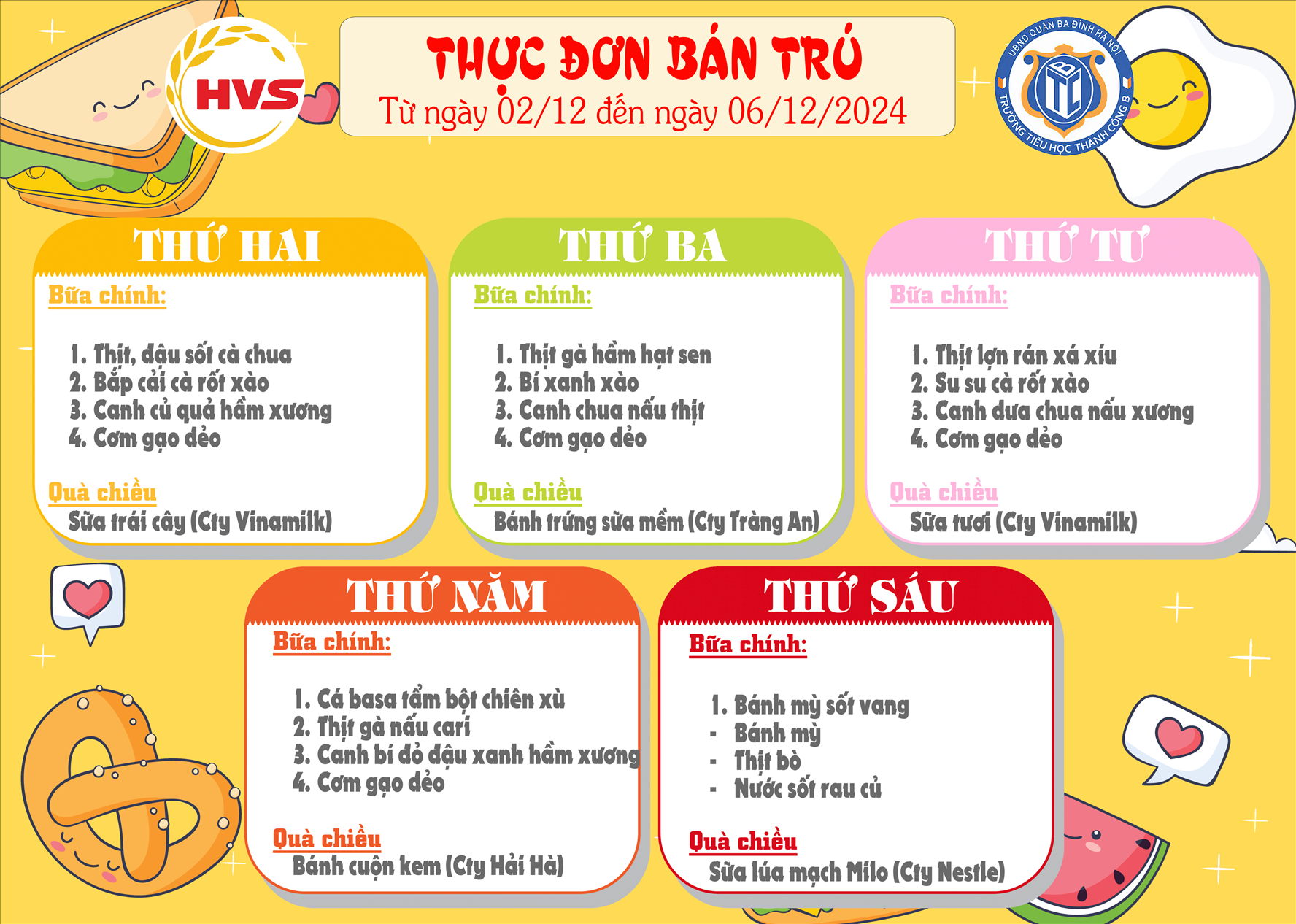 Thực đơn bán trú từ ngày 02/12 đến 06/12