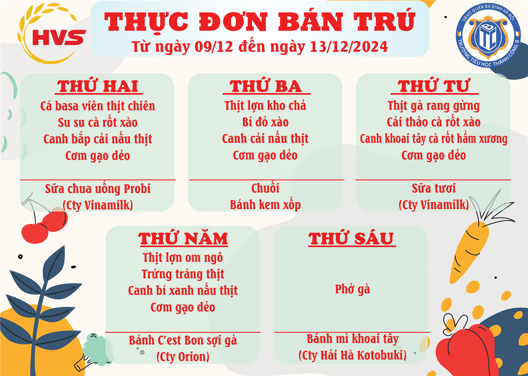 Thực đơn bán trú từ ngày 09/12 đến 13/12