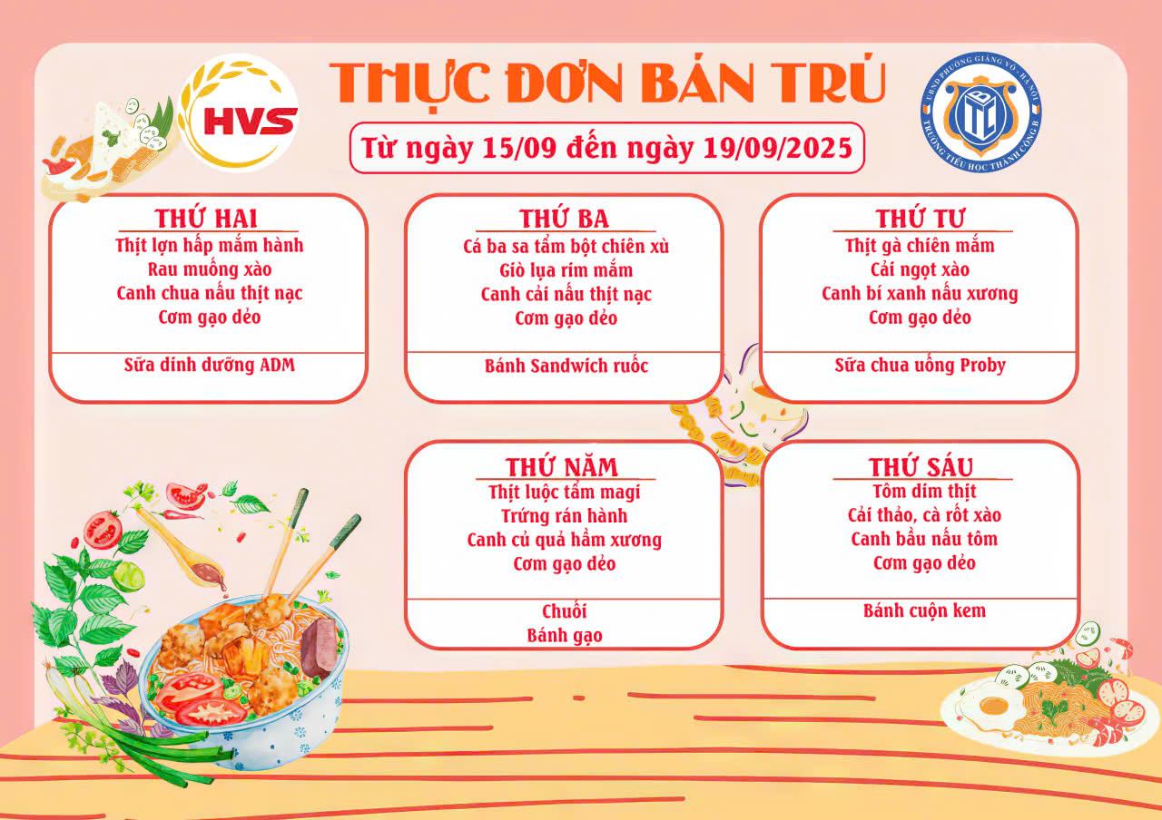 Thực đơn bán trú từ ngày 15/9 đến ngày 19/9
