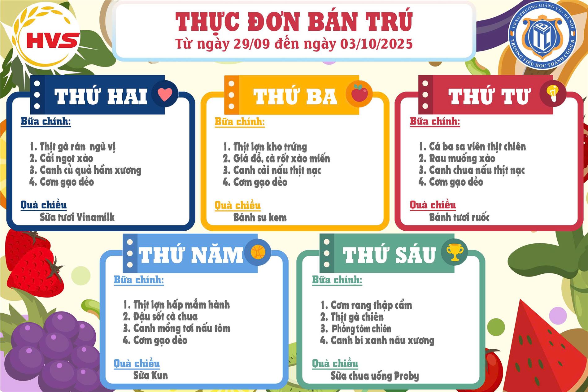 Thực đơn bán trú từ ngày 29/9 đến ngày 3/10