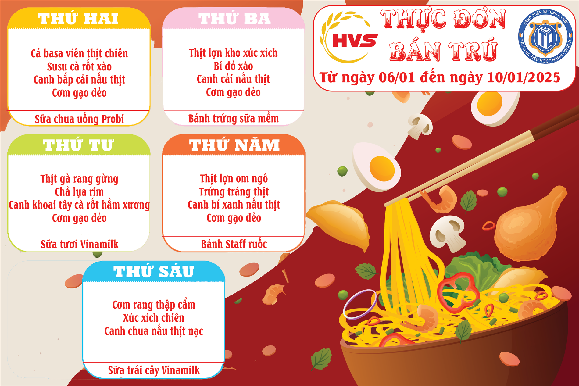 Thực đơn bán trú từ ngày 06/01 đến 10/01/2025