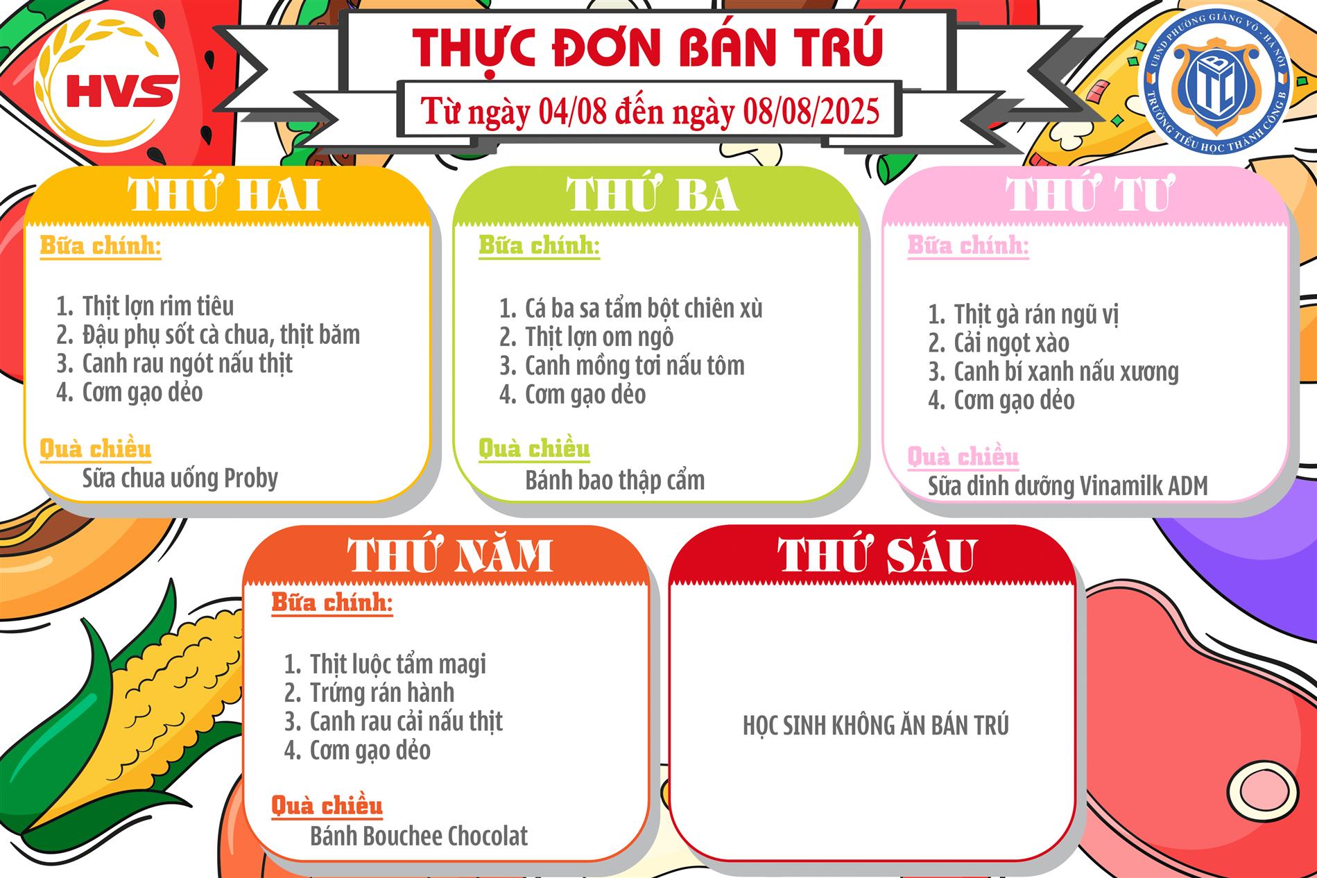 Thực đơn bán trú từ ngày 4/8 đến ngày 8/8