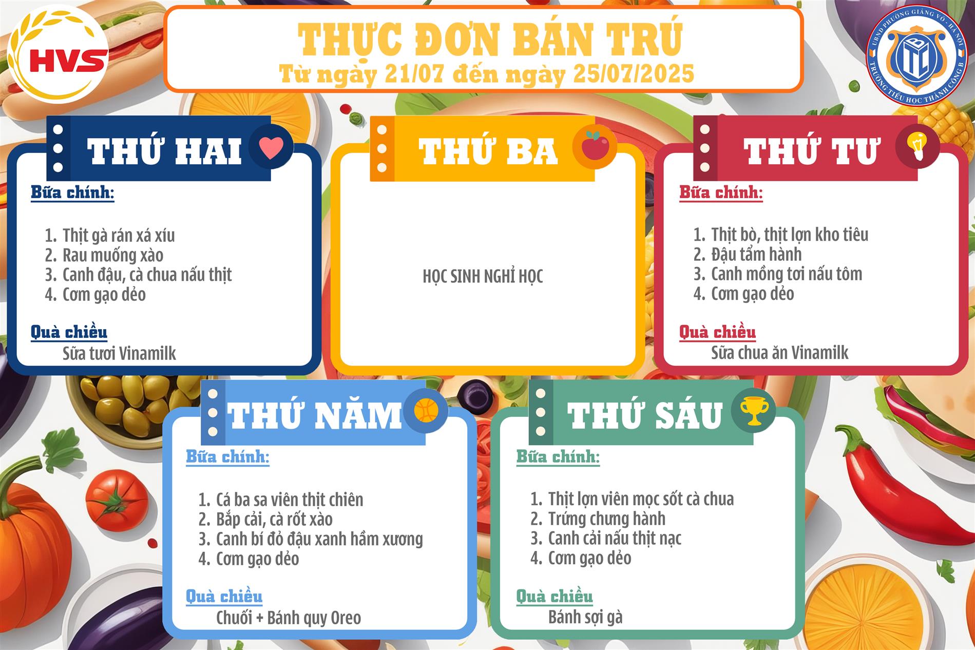 Thực đơn bán trú từ ngày 21/7 đến ngày 25/7