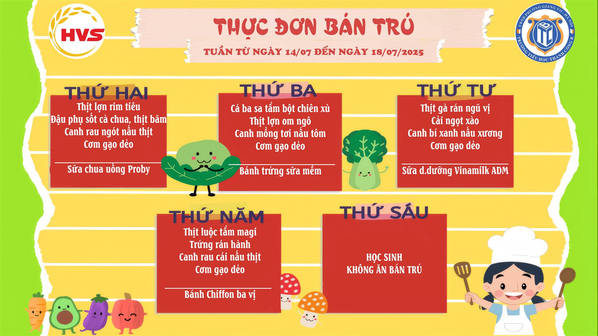 Thực đơn bán trú từ ngày 14/7 đến ngày 18/7
