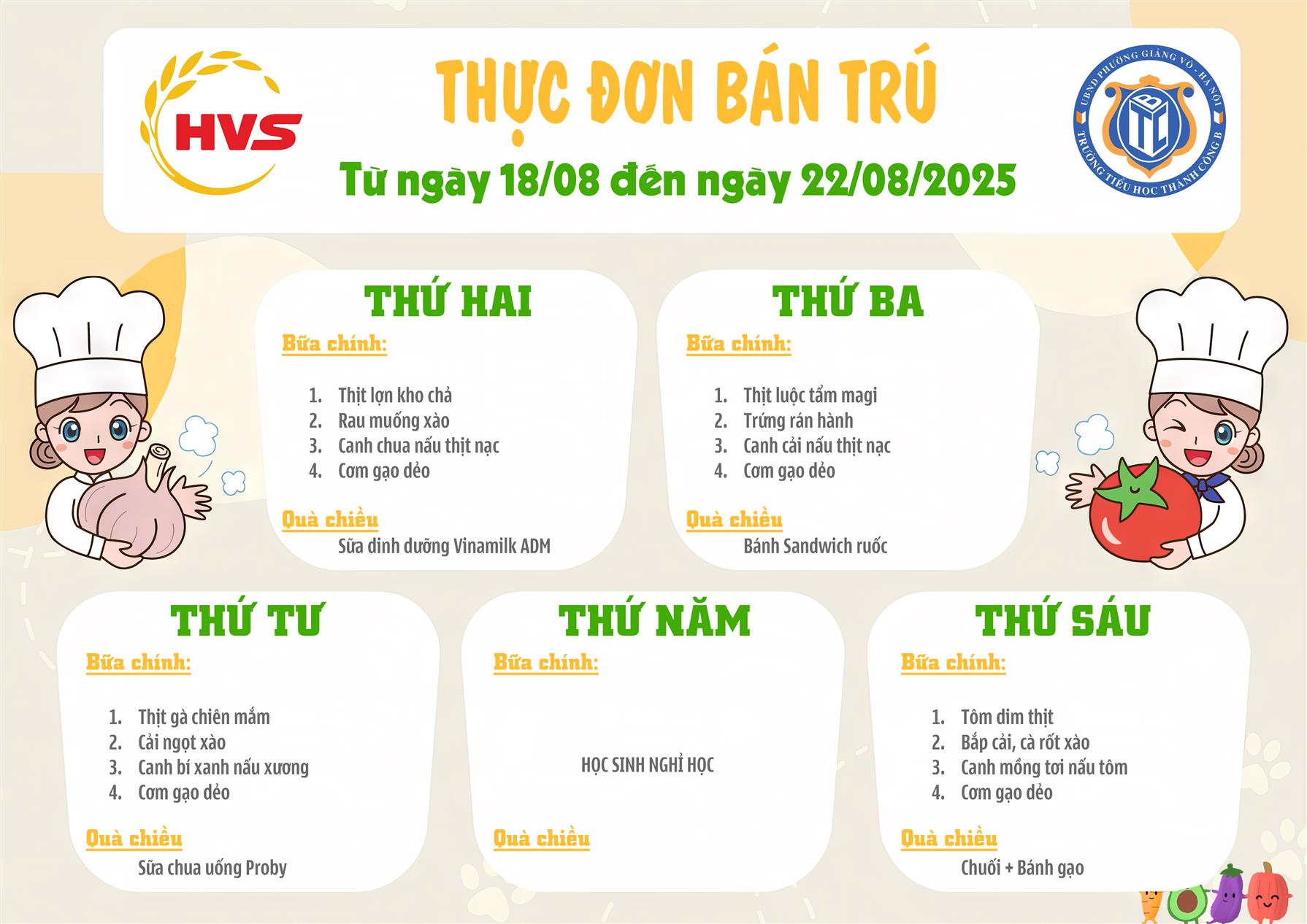 Thực đơn bán trú từ ngày 18/8 đến ngày 22/8