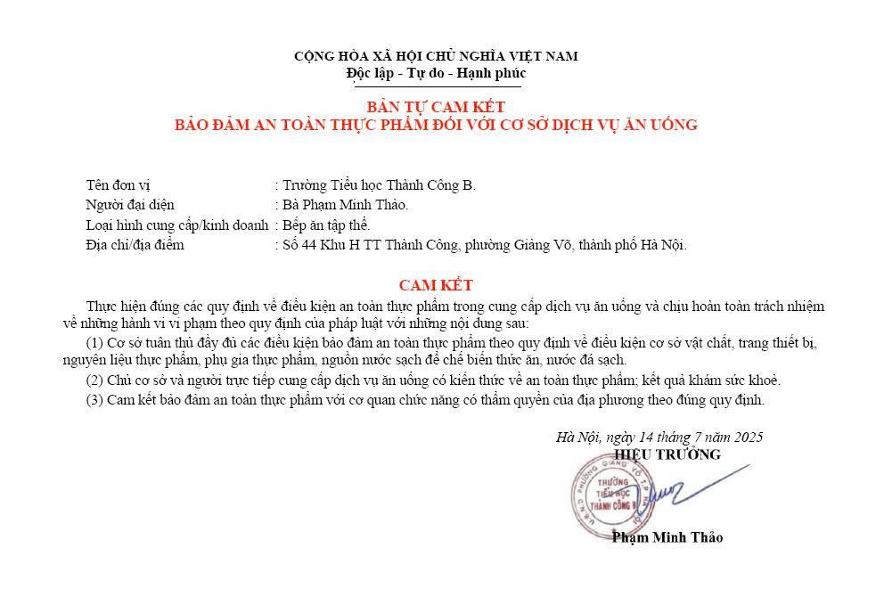 Bản tự cam kết bảo đảm an toàn thực phẩm đối với cơ sở dịch vụ ăn uống