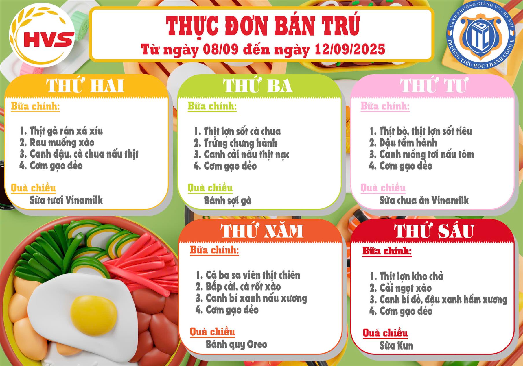 Thực đơn bán trú từ ngày 08/9 đến ngày 12/9