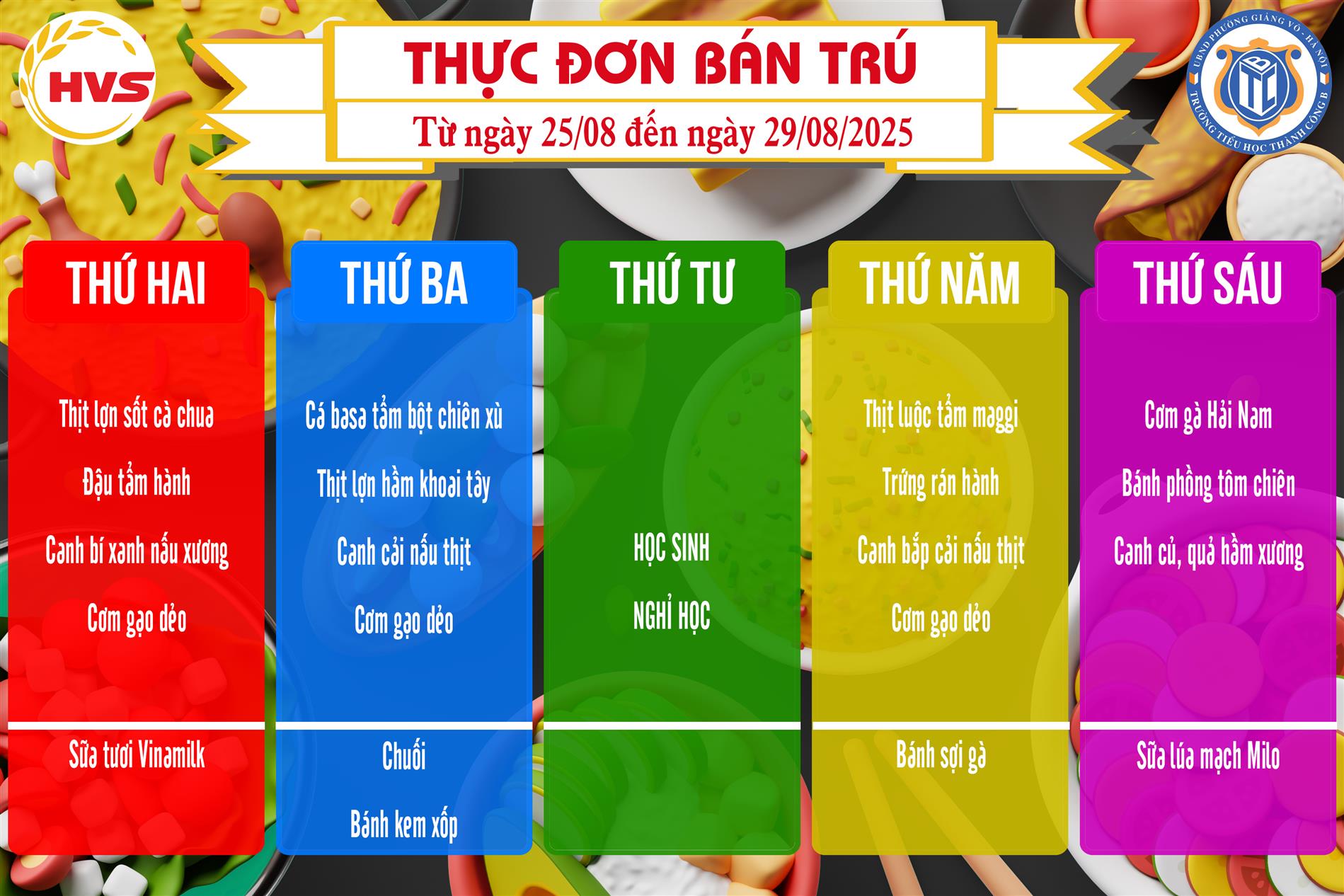 Thực đơn bán trú từ ngày 25/8 đến ngày 29/8