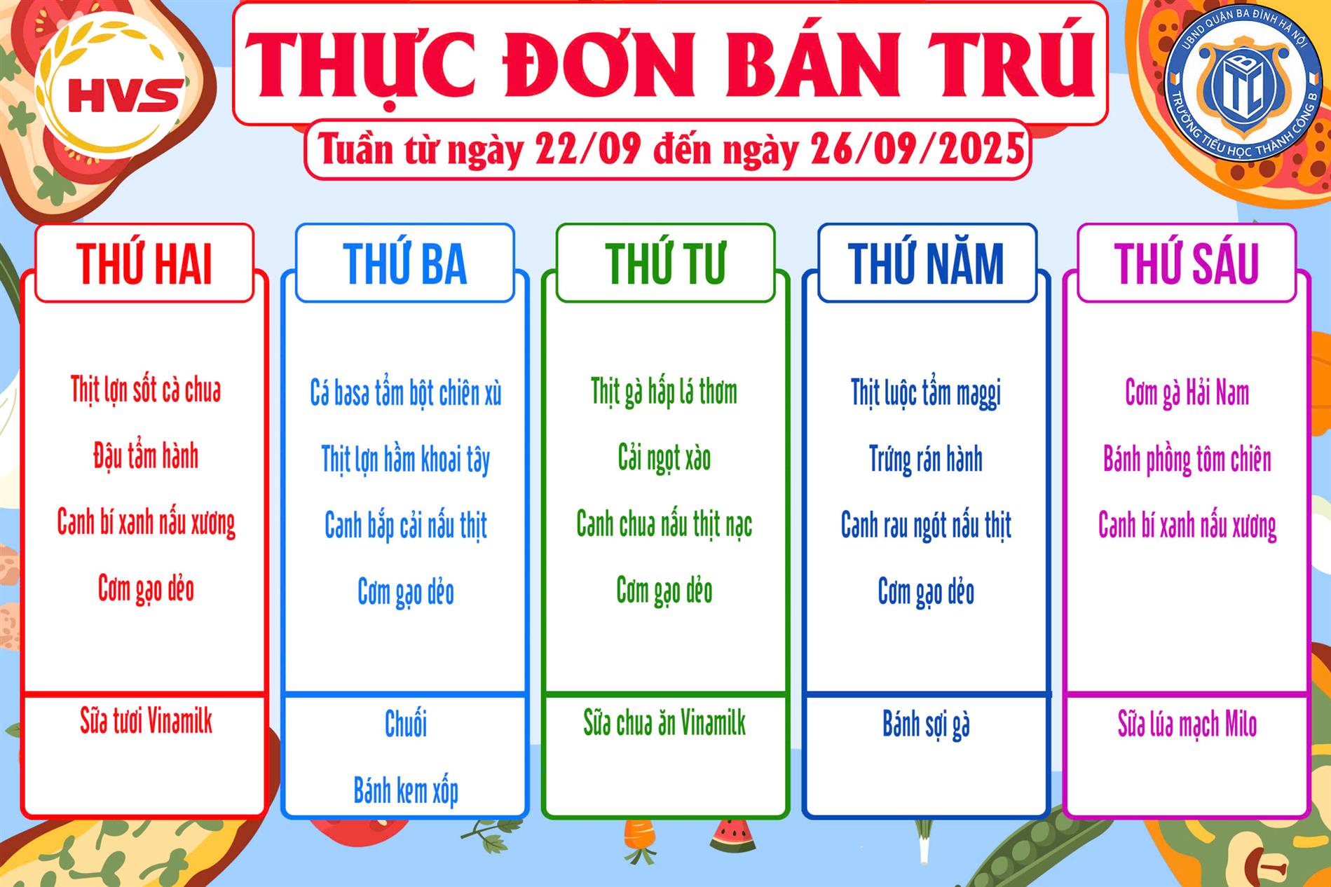 Thực đơn bán trú từ ngày 22/9 đến ngày 26/9