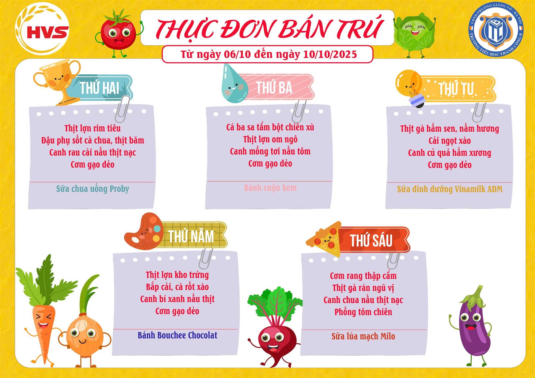 Thực đơn bán trú từ ngày 6/10 đến ngày 10/10