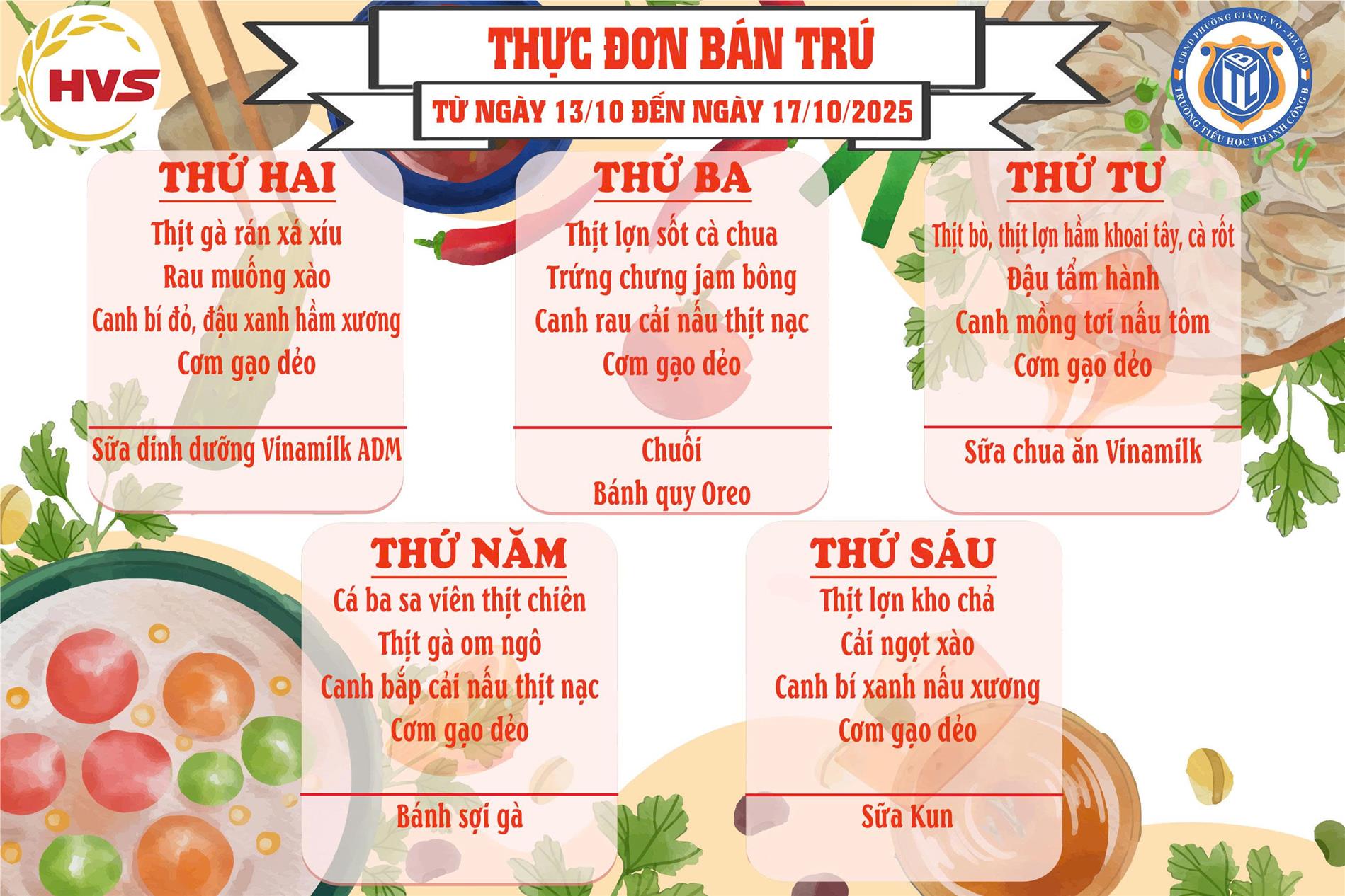 Thực đơn bán trú từ ngày 13/10 đến ngày 17/10