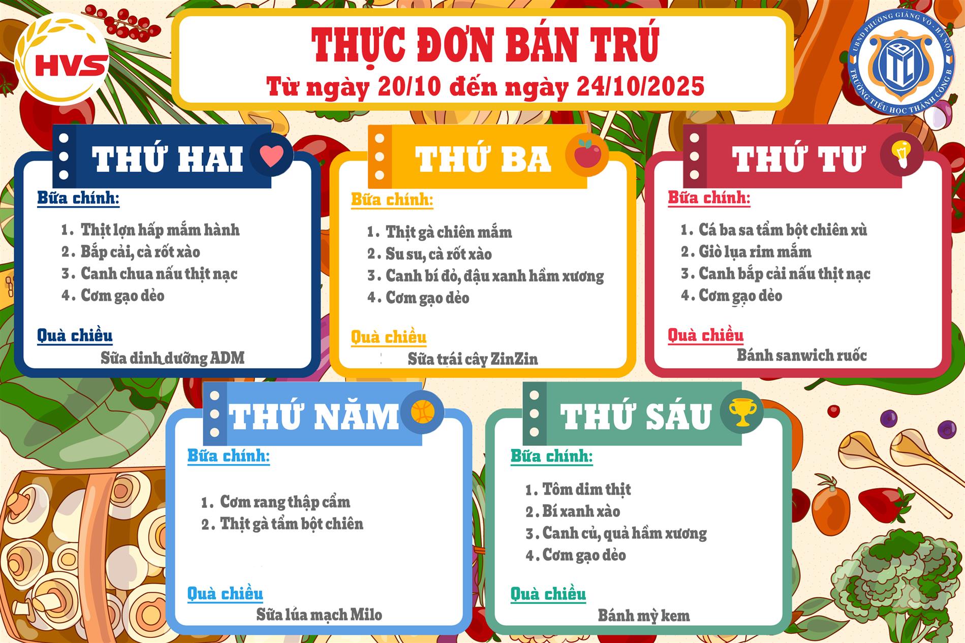 Thực đơn bán trú từ ngày 20/10 đến ngày 24/10