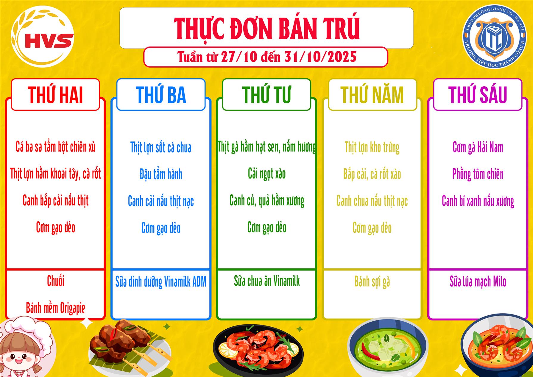 Thực đơn bán trú từ ngày 27/10 đến ngày 31/10