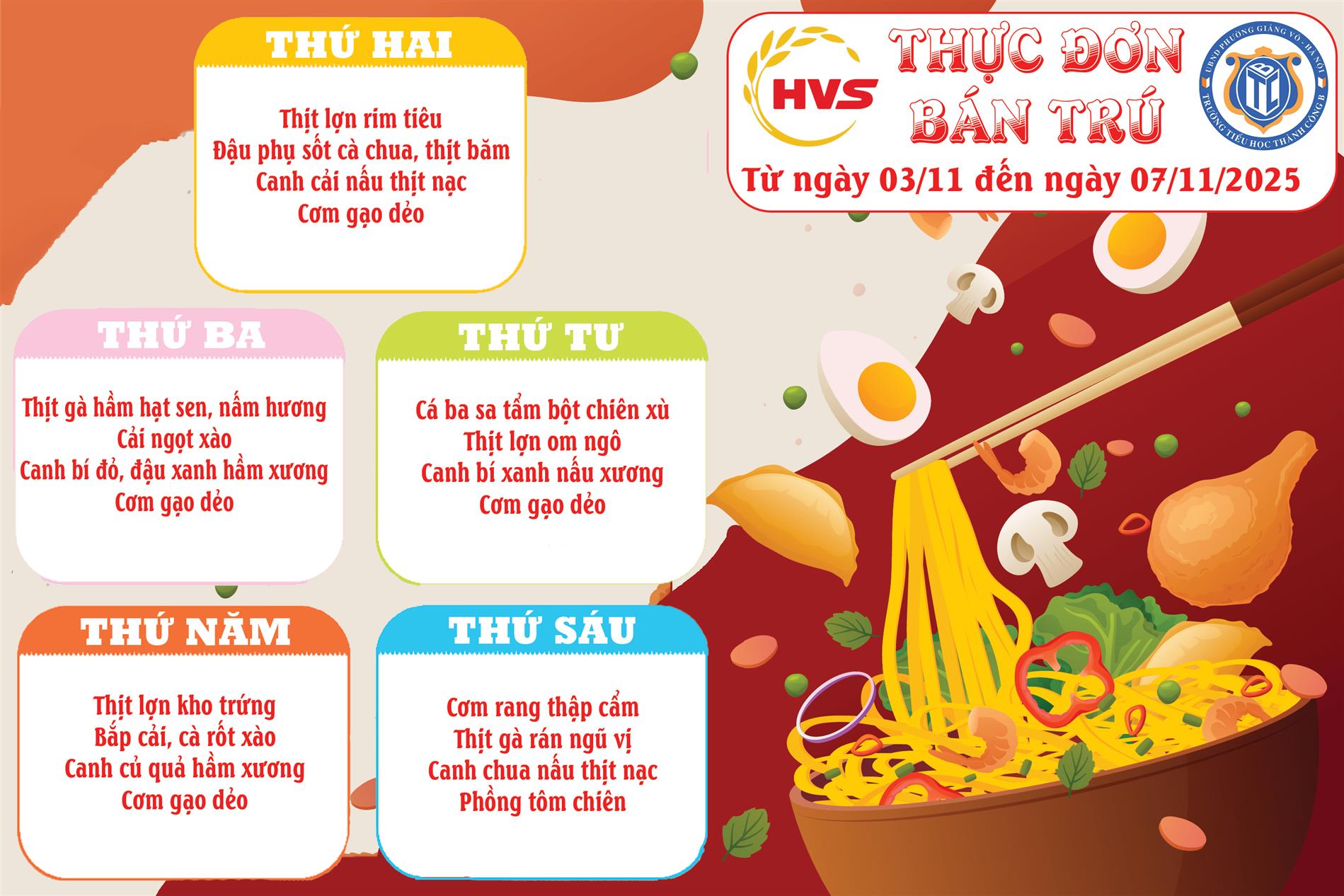Thực đơn bán trú từ ngày 3/11 đến ngày 7/11