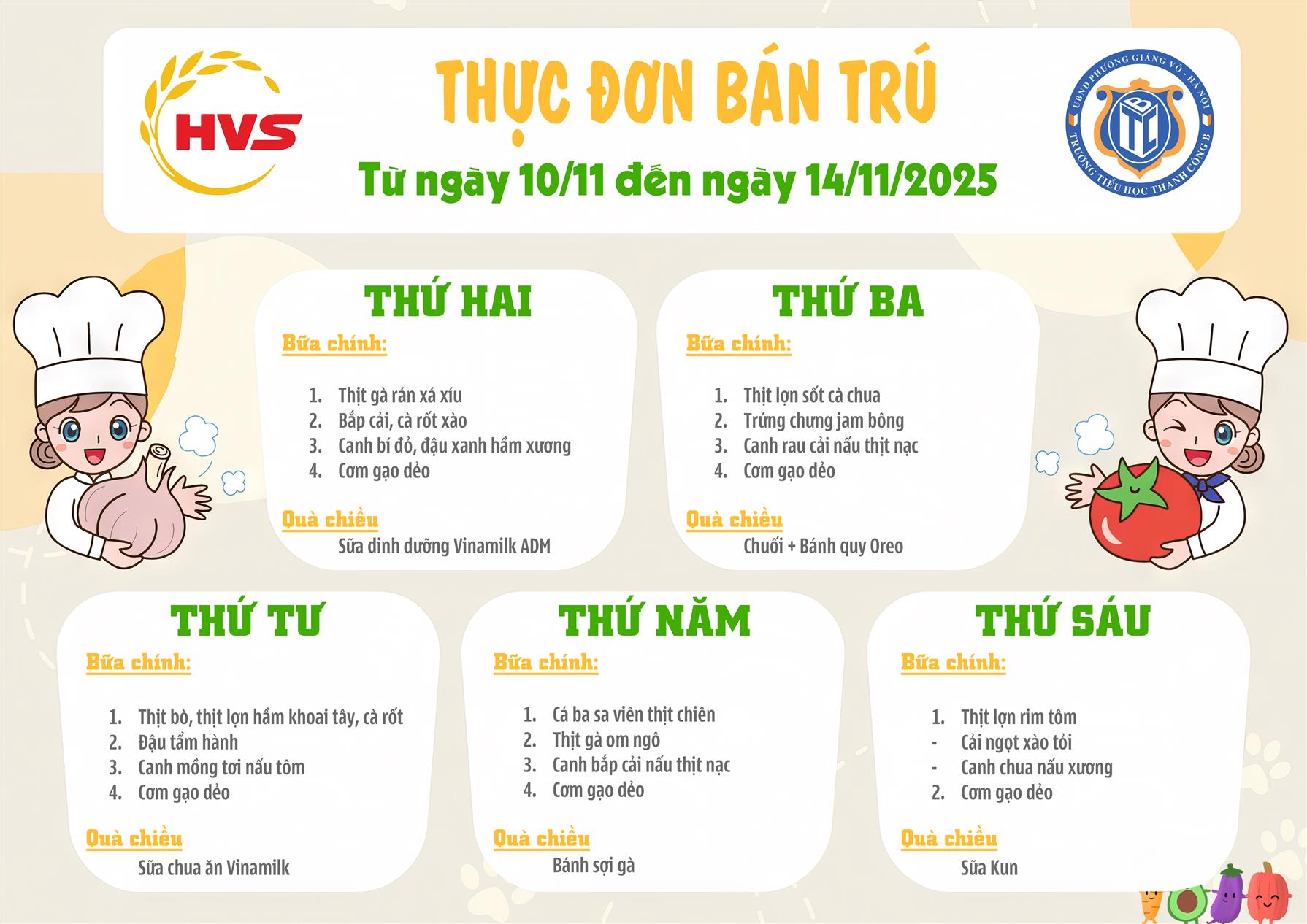 Thực đơn bán trú từ ngày 10/11 đến ngày 14/11