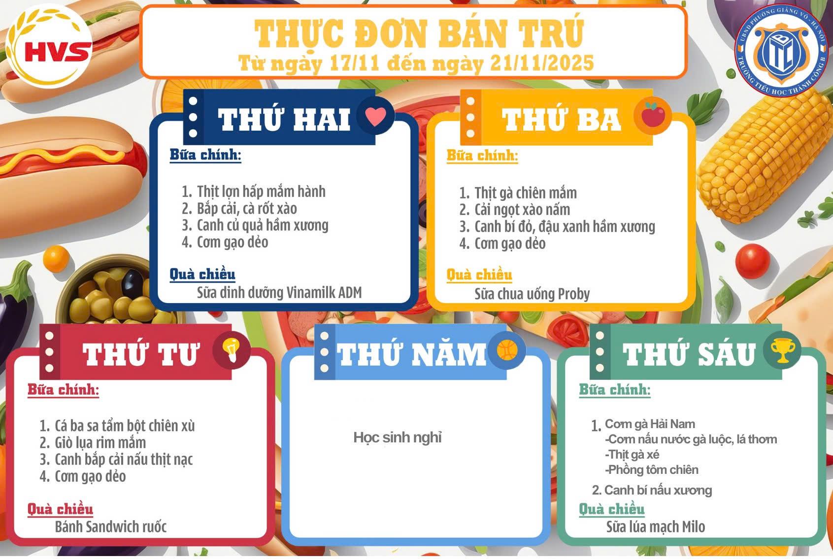 Thực đơn bán trú từ ngày 17/11 đến ngày 21/11
