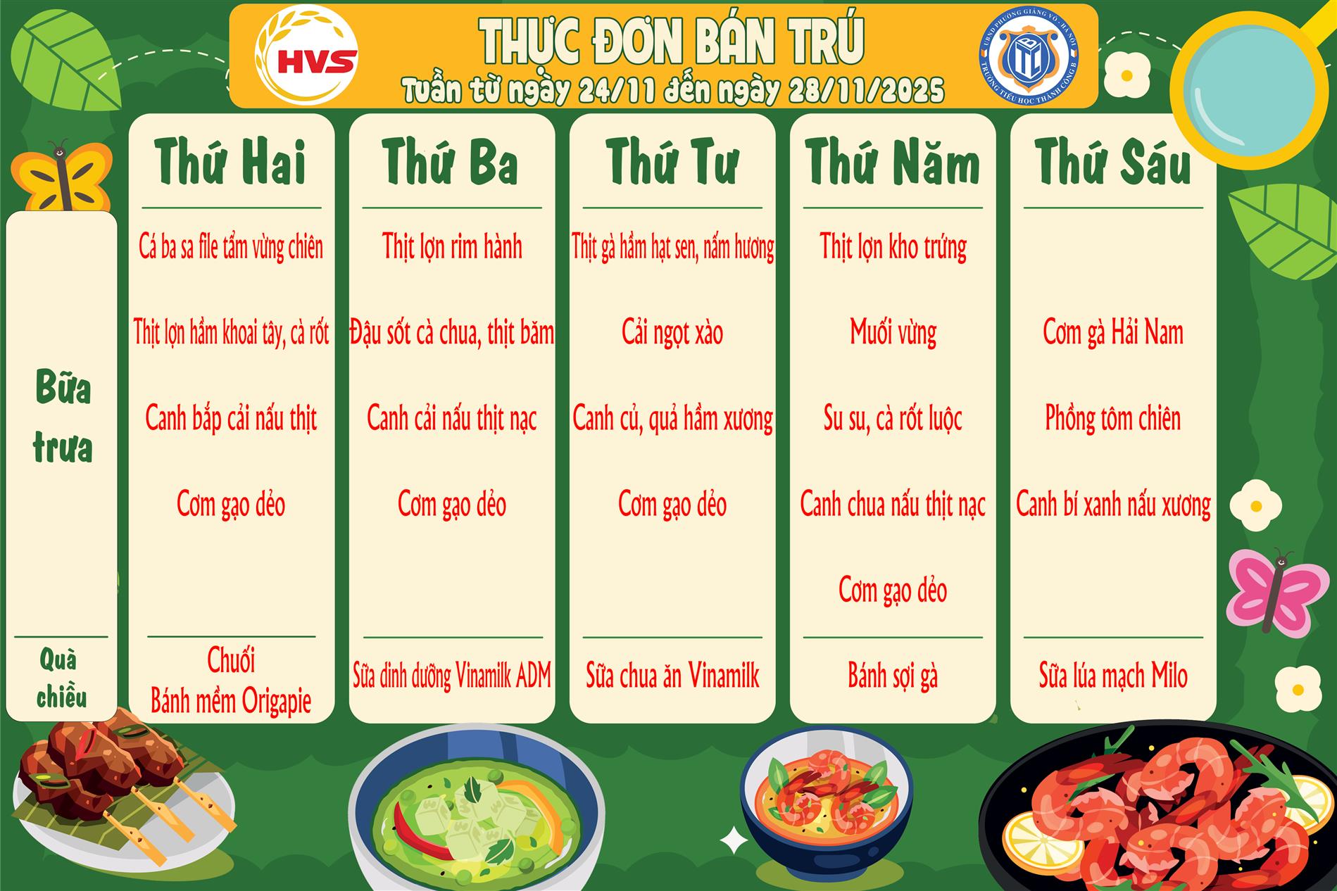 Thực đơn bán trú 24/11 đến ngày 28/11