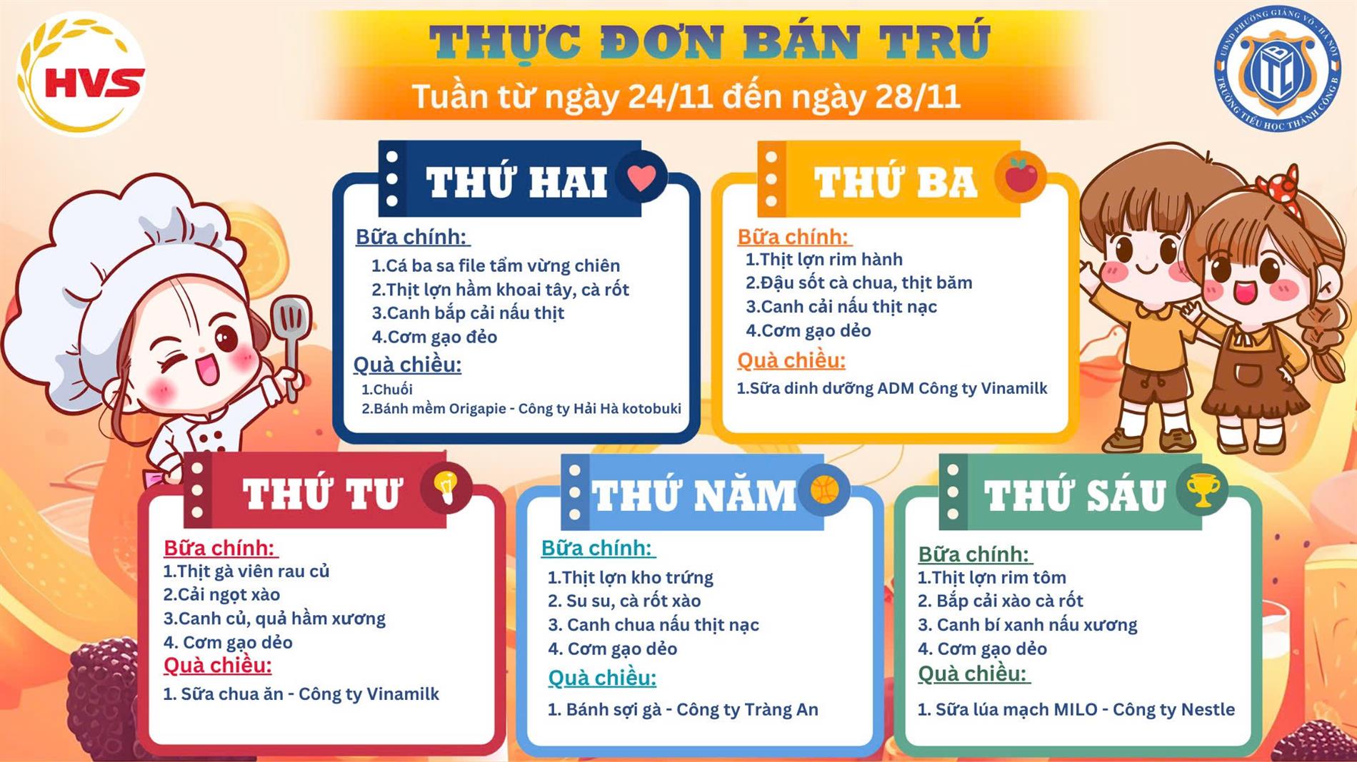 Thực đơn bán trú từ ngày 24/11 đến ngày 28/11