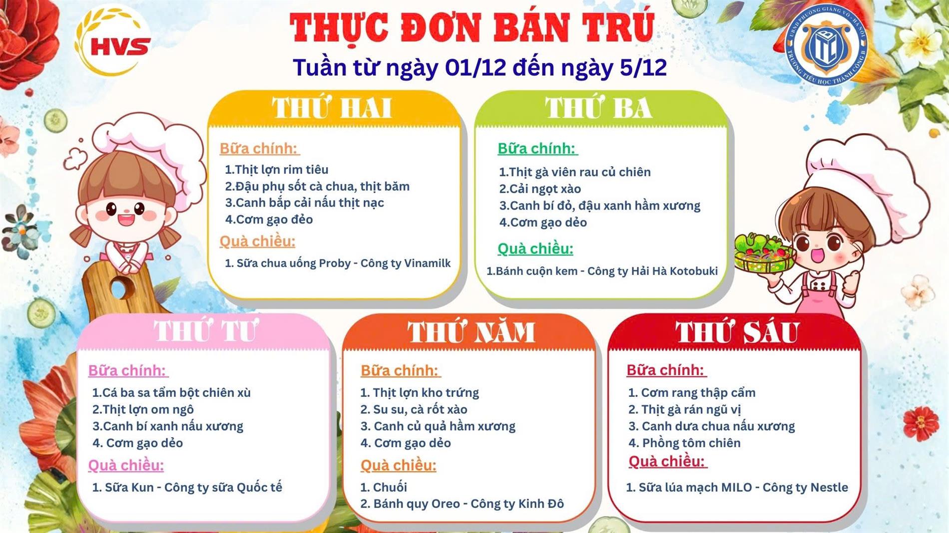 Thực đơn bán trú từ ngày 1/12 đến ngày 5/12