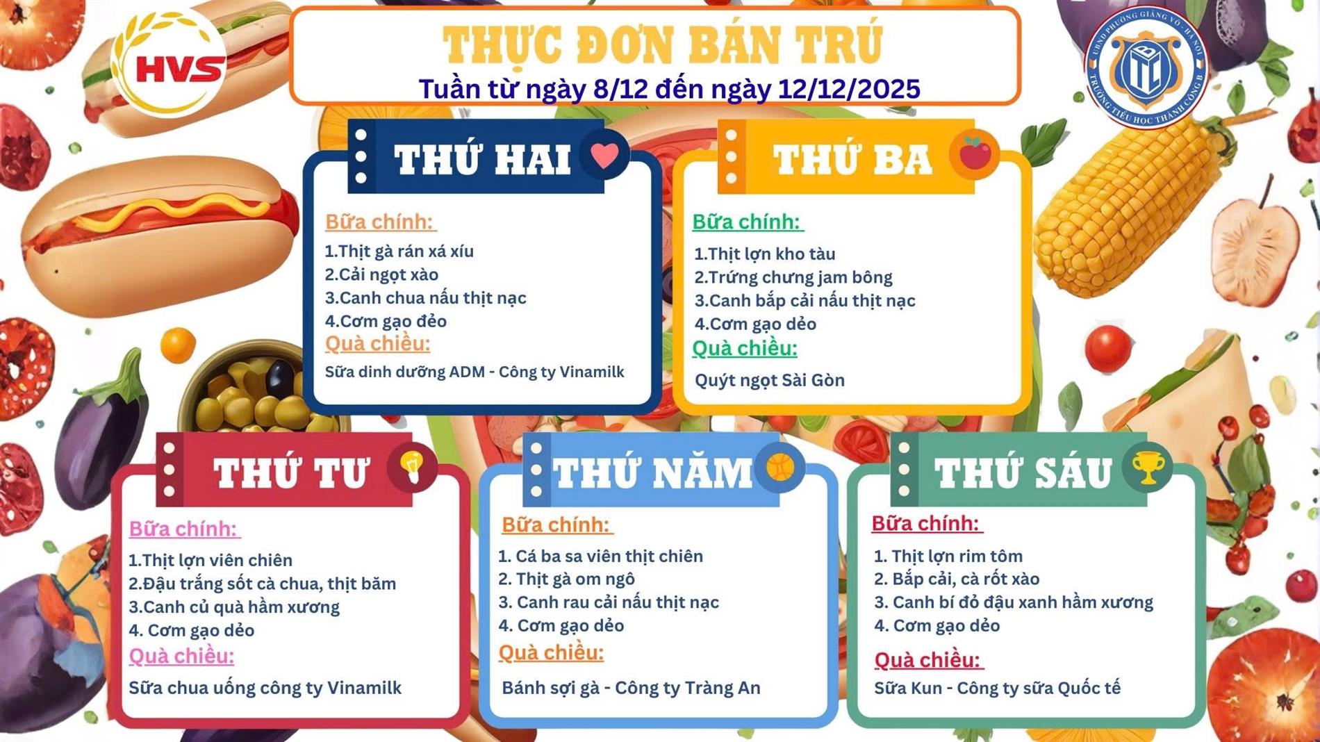 Thực đơn bán trú từ ngày 8/12 đến ngày 12/12