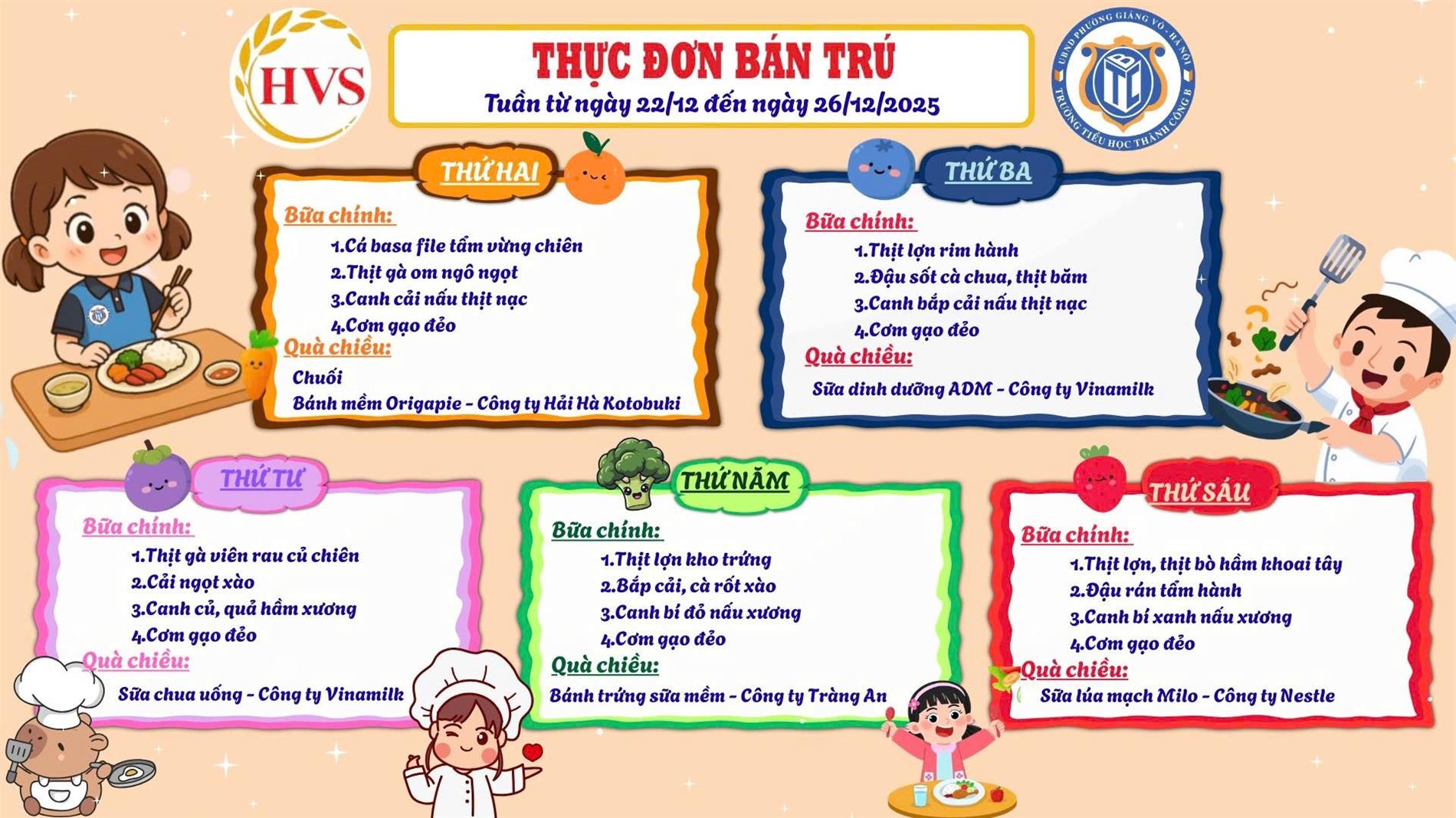 Thực đơn bán trú từ ngày 22/12 đến ngày 26/12