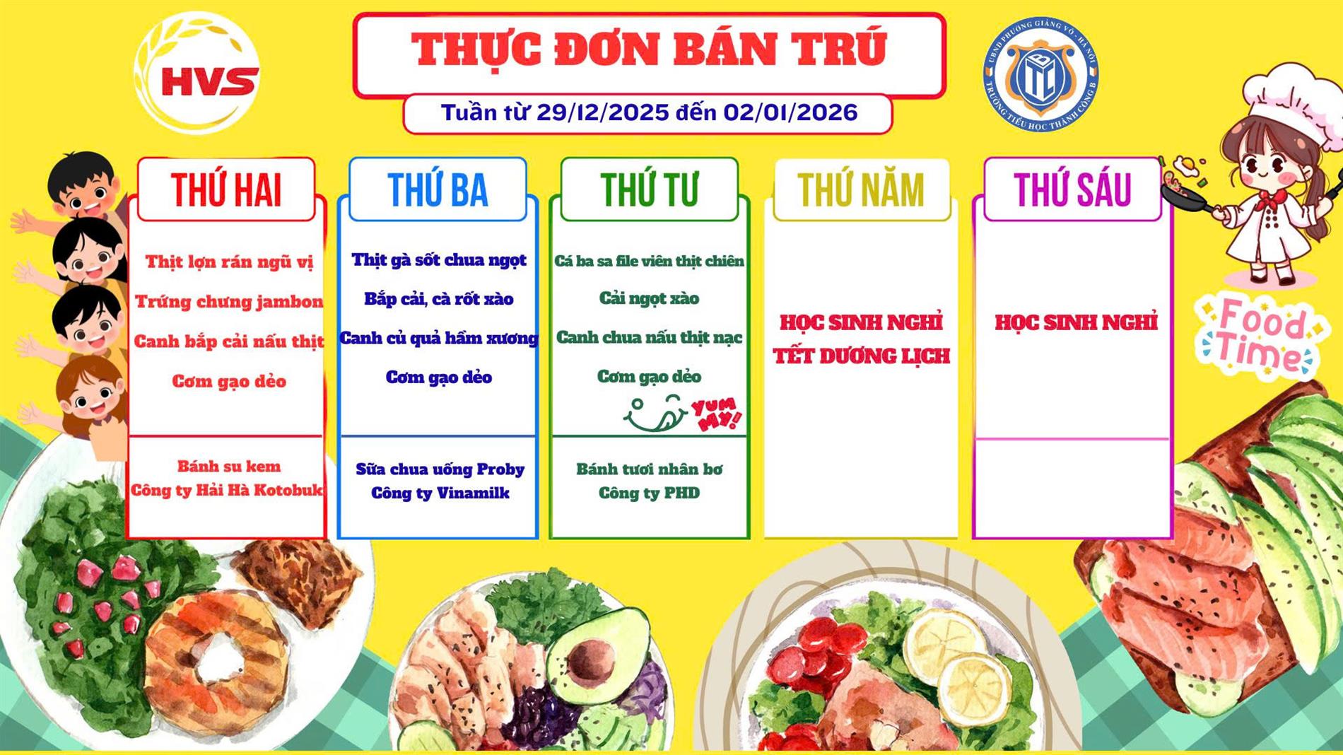 Thực đơn bán trú từ ngày 29/12 đến ngày 31/12