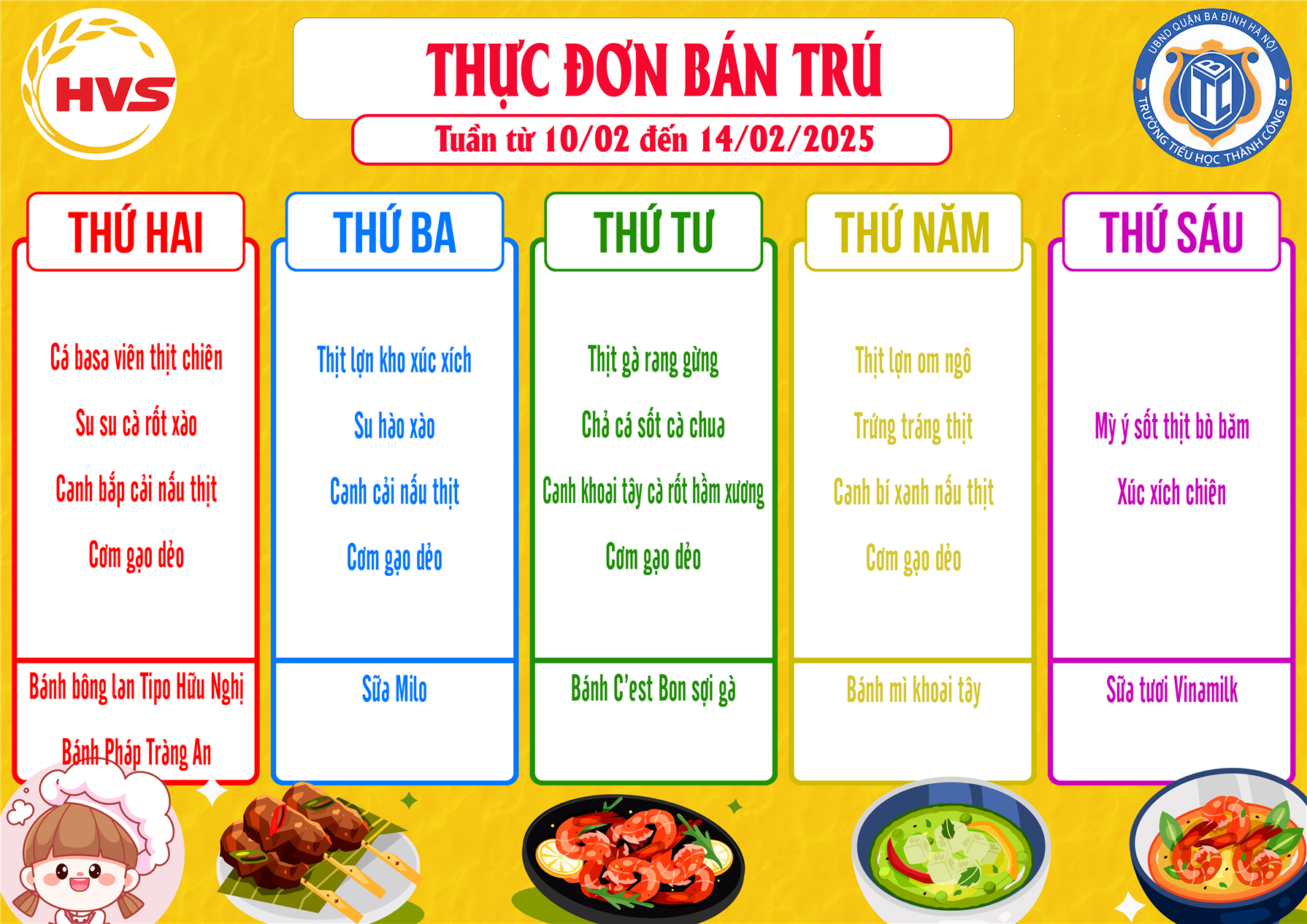 Thực đơn bán trú từ ngày 10/02 đến ngày 14/02