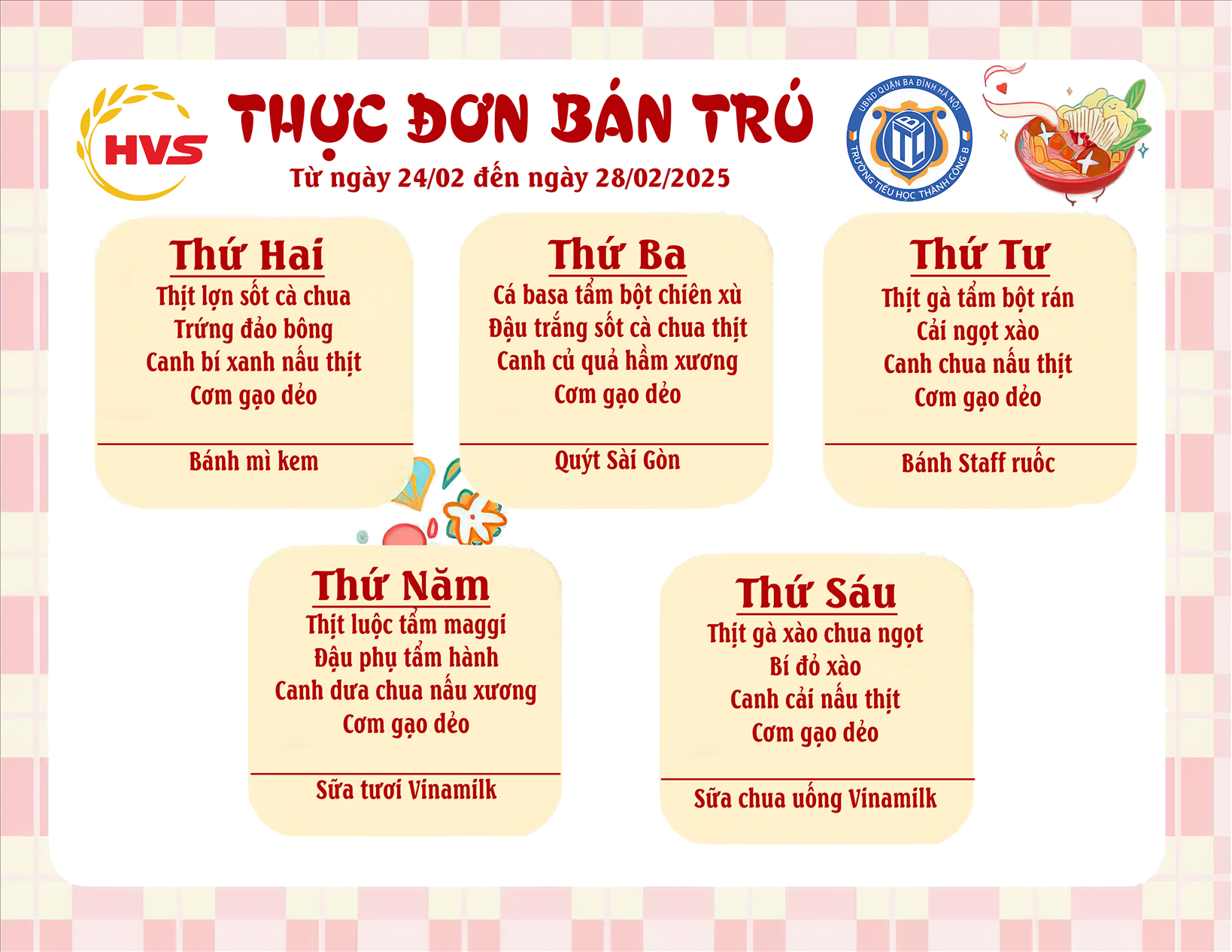 Thực đơn bán trú từ ngày 24/02 đến ngày 28/02