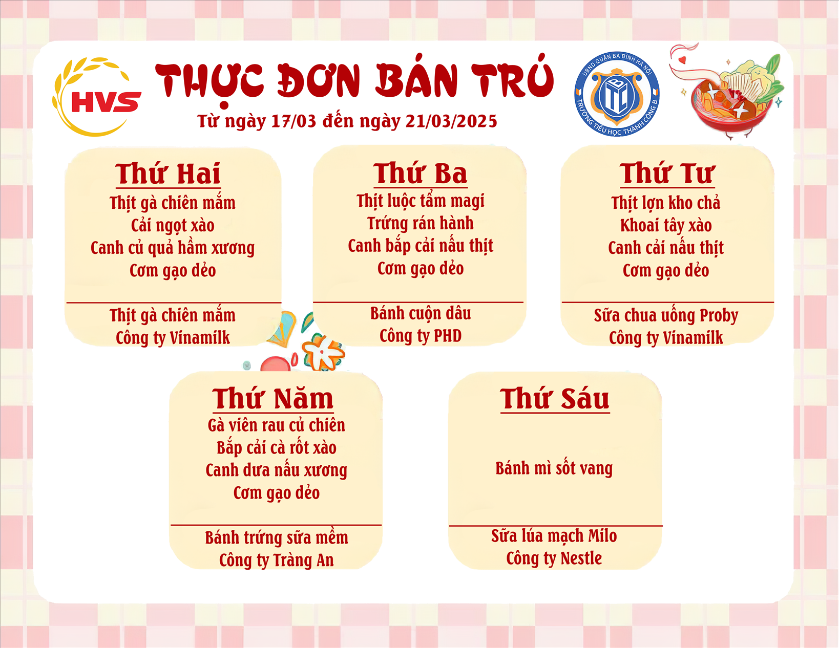 Thực đơn bán trú từ ngày 17/3 đến ngày 21/3