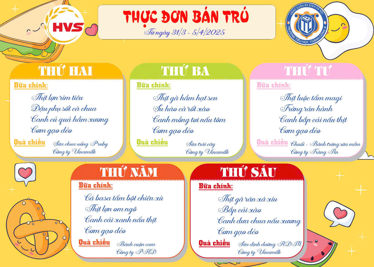 Thực đơn bán trú từ ngày 31/3 đến ngày 5/4