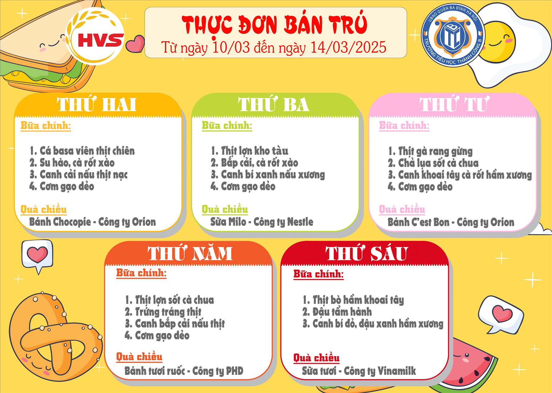 Thực đơn bán trú từ ngày 10/3 đến ngày 14/3