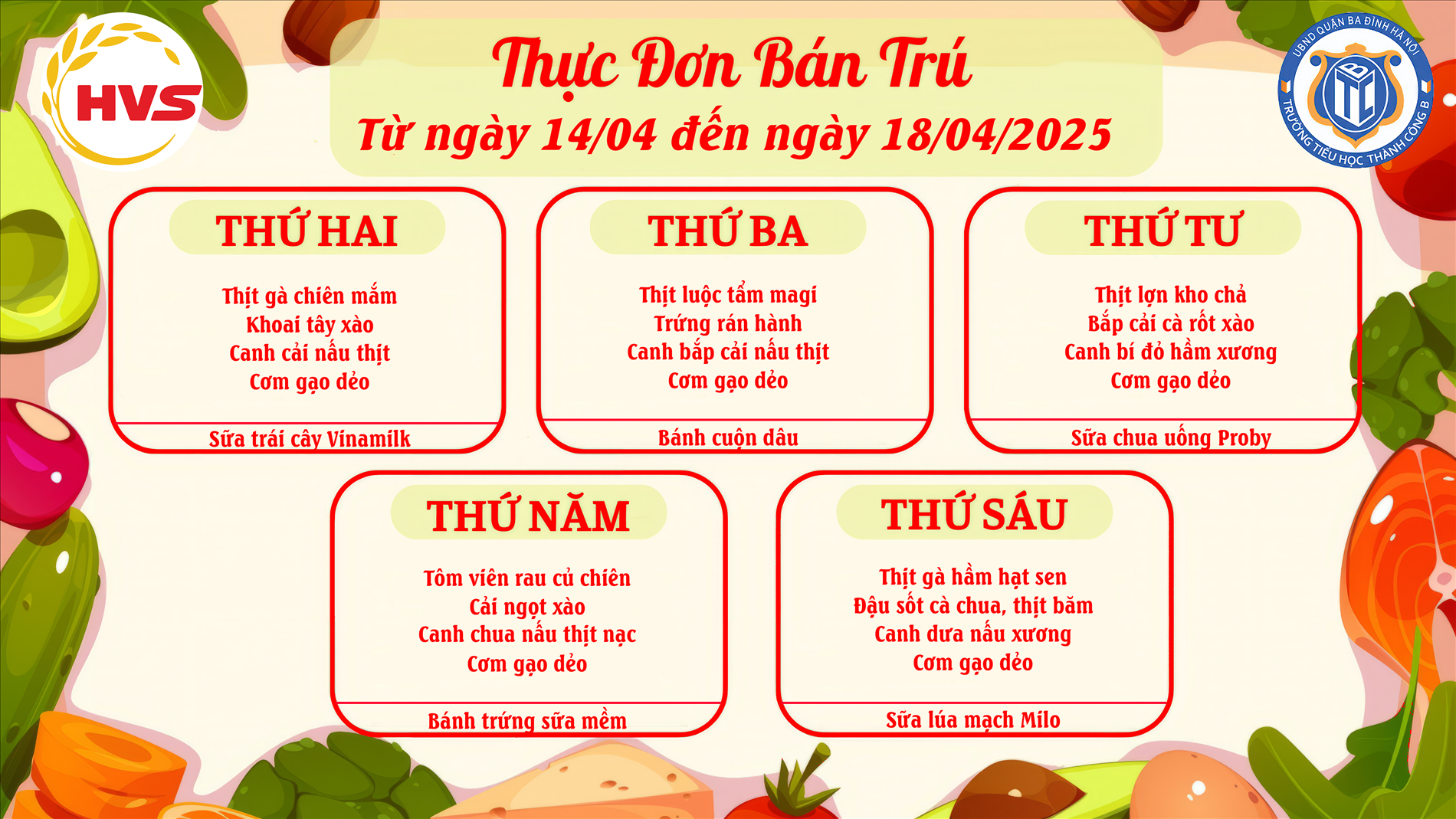 Thực đơn bán trú từ ngày 14/4 đến ngày 18/4