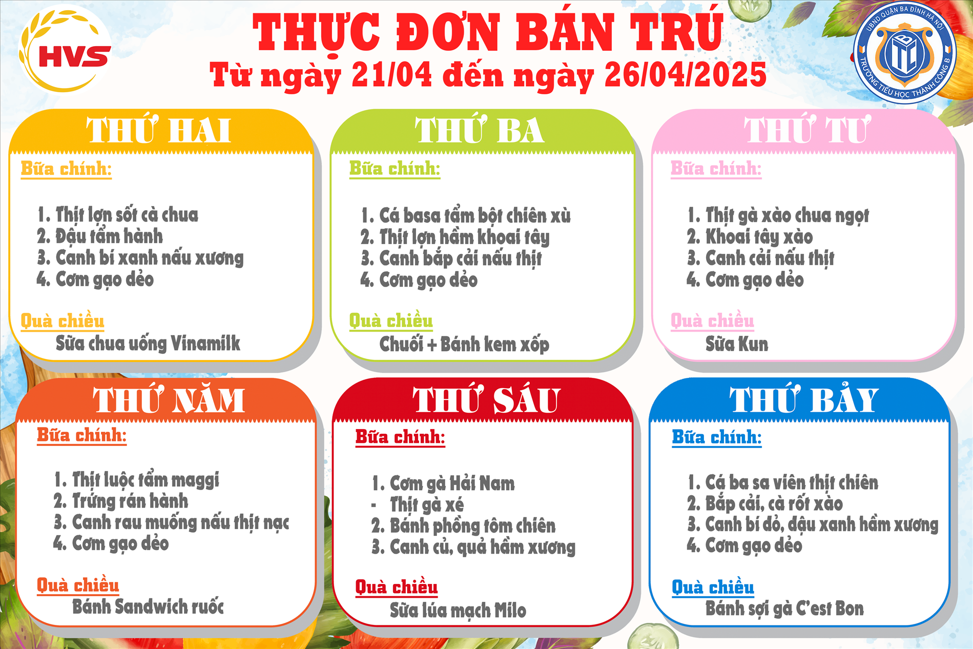Thực đơn bán trú từ ngày 21/4 đến ngày 26/4