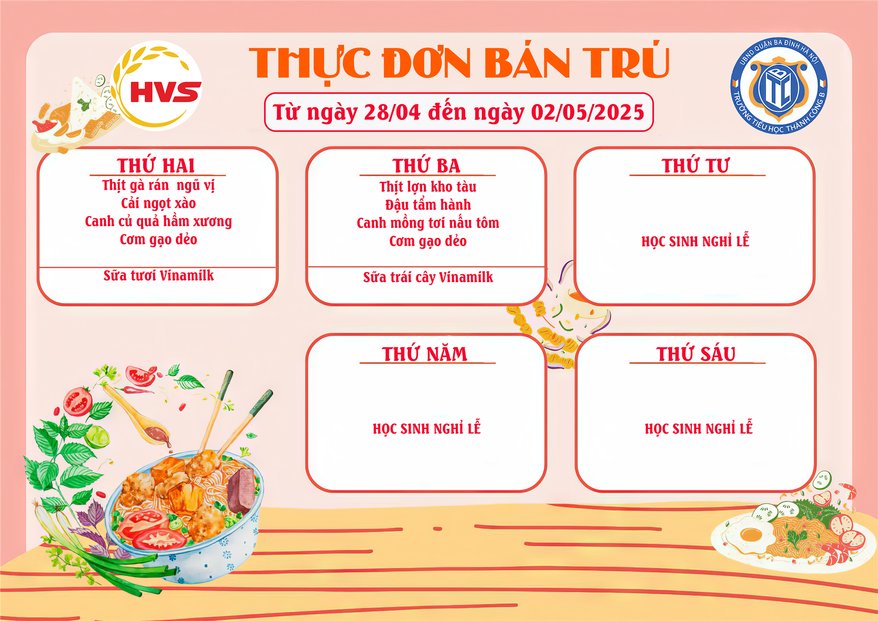 Thực đơn bán trú từ ngày 28/4 đến ngày 2/5