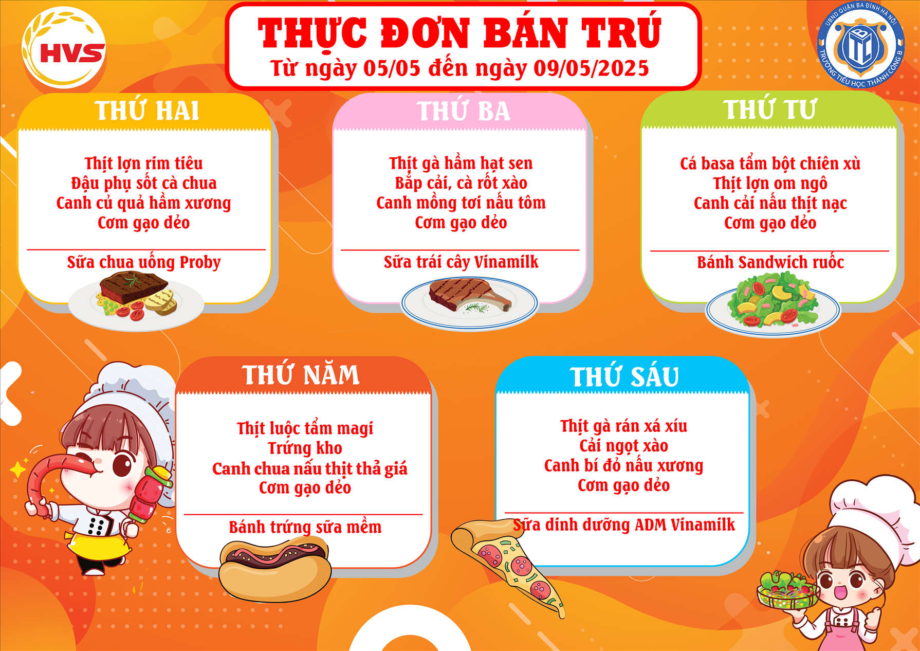Thực đơn bán trú từ ngày 5/5 đến ngày 9/5