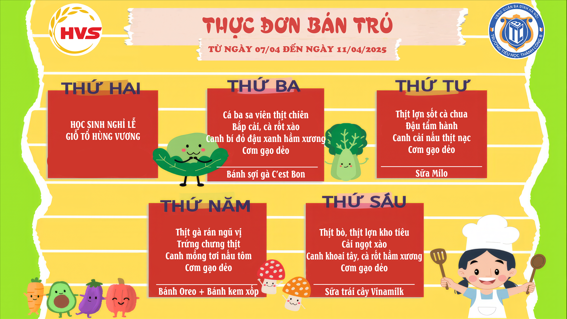 Thực đơn bán trú từ ngày 7/4 đến ngày 11/4