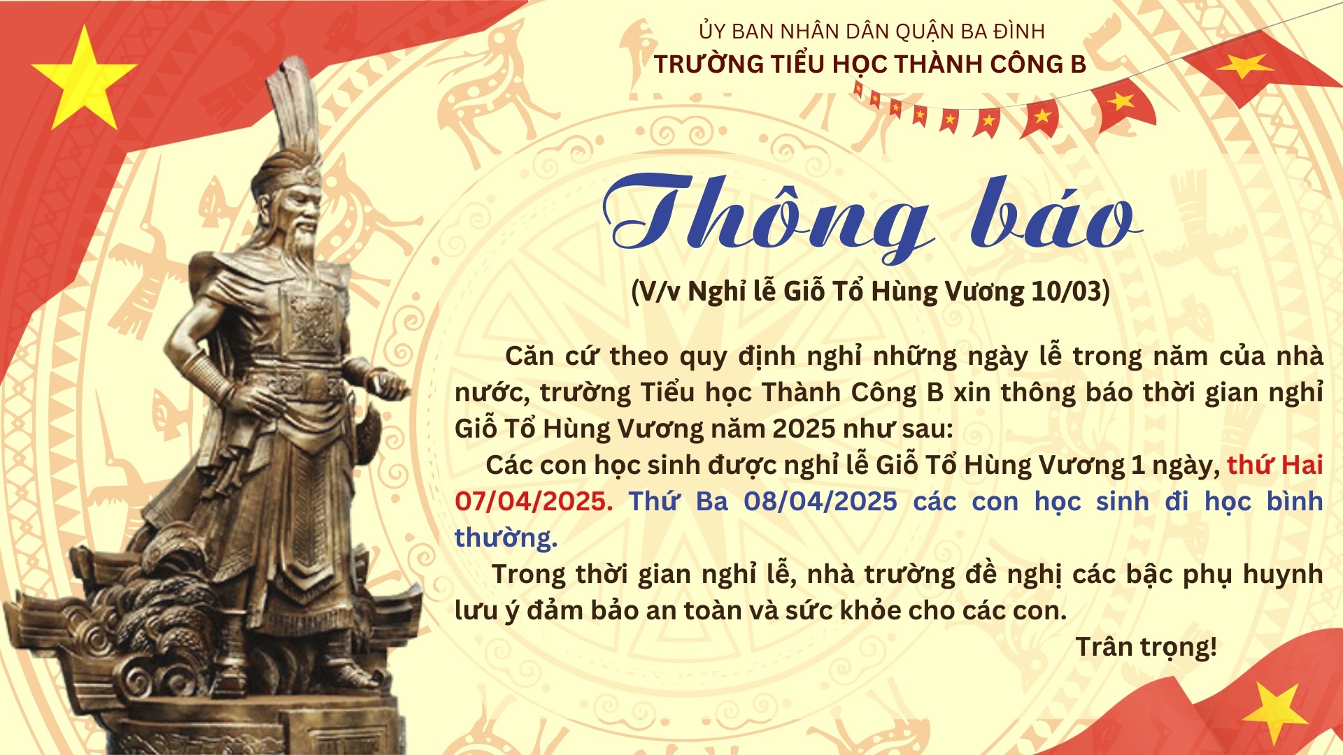 Thông báo về việc nghỉ Lễ Giỗ Tổ Hùng Vương